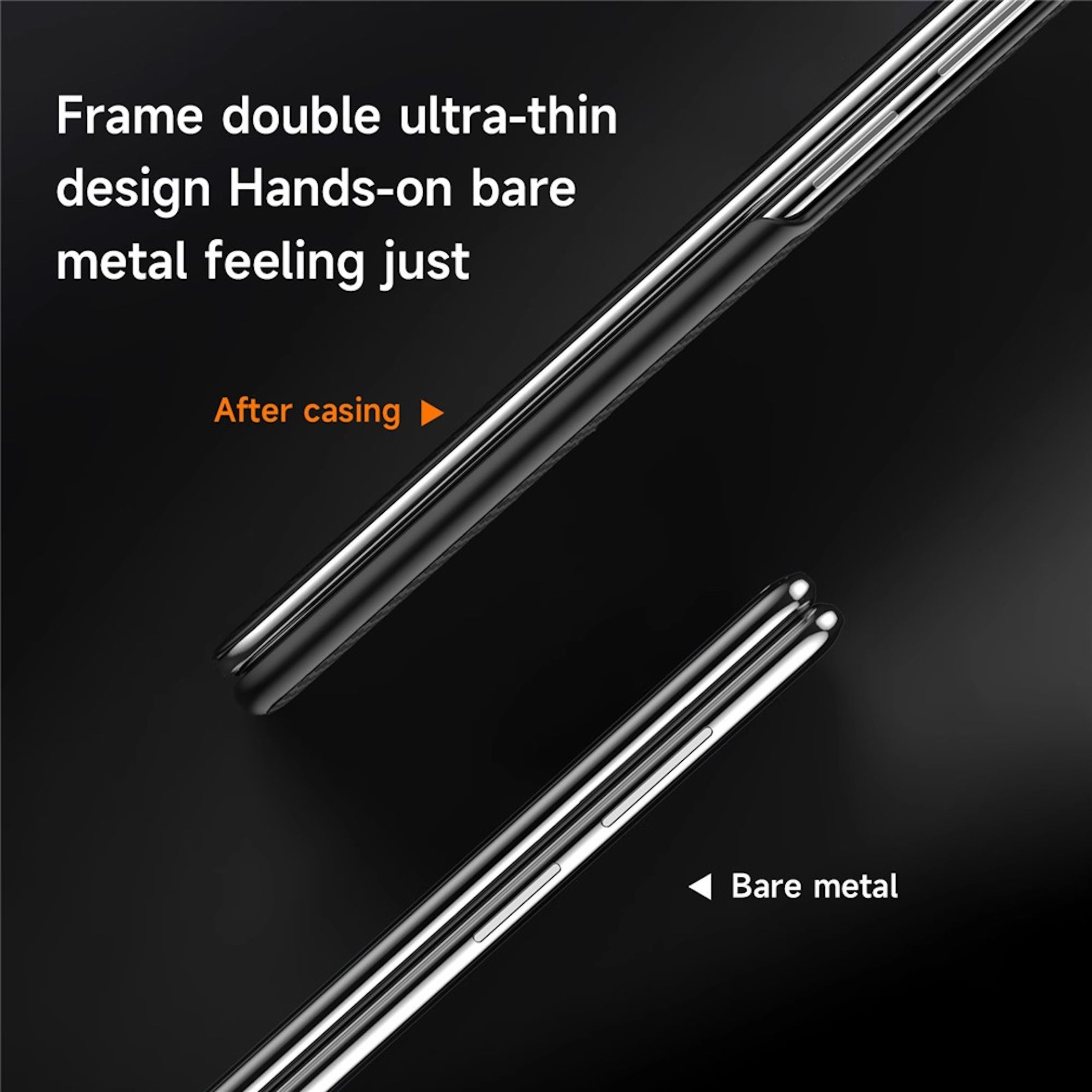 Dünner Metallrahmen mit Knöpfen, Text 'After casing' und 'Bare metal'.