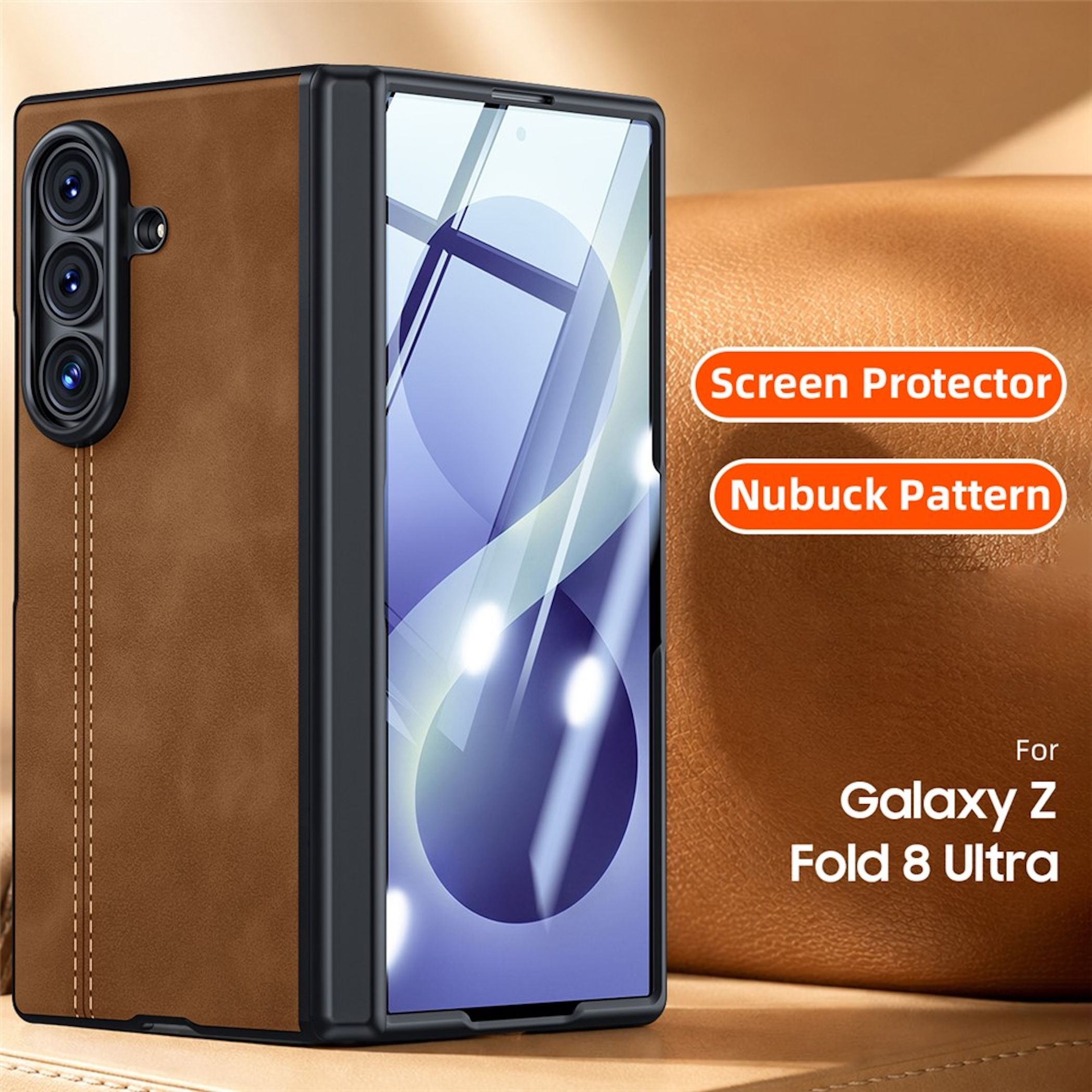 Braune Handyhülle mit Kameras und Nubuk-Muster für Galaxy Z Fold 8 Ultra.