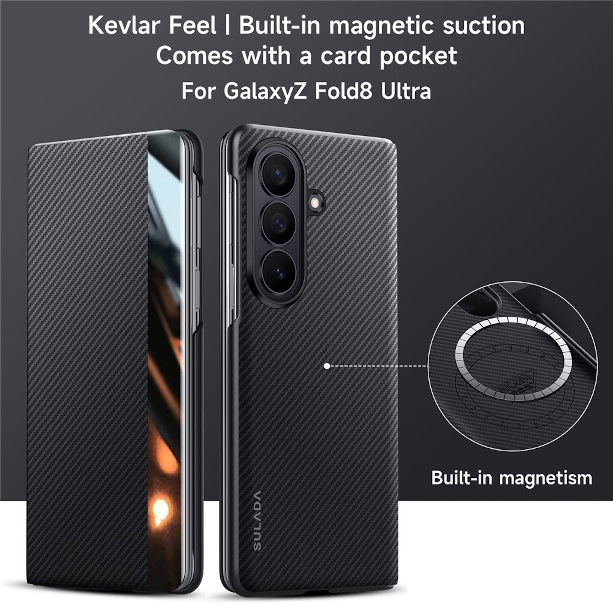Schwarze Kevlar-Handyhülle für Galaxy Z Fold8 Ultra mit magnetischer Saugkraft.