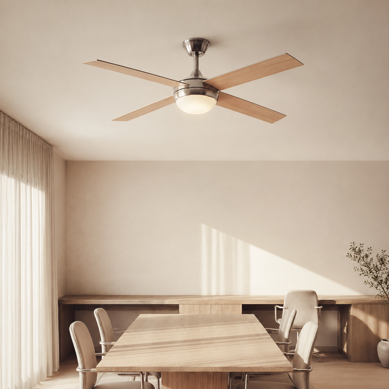 Un ventilador de techo con aspas de madera sobre una mesa y sillas de madera.