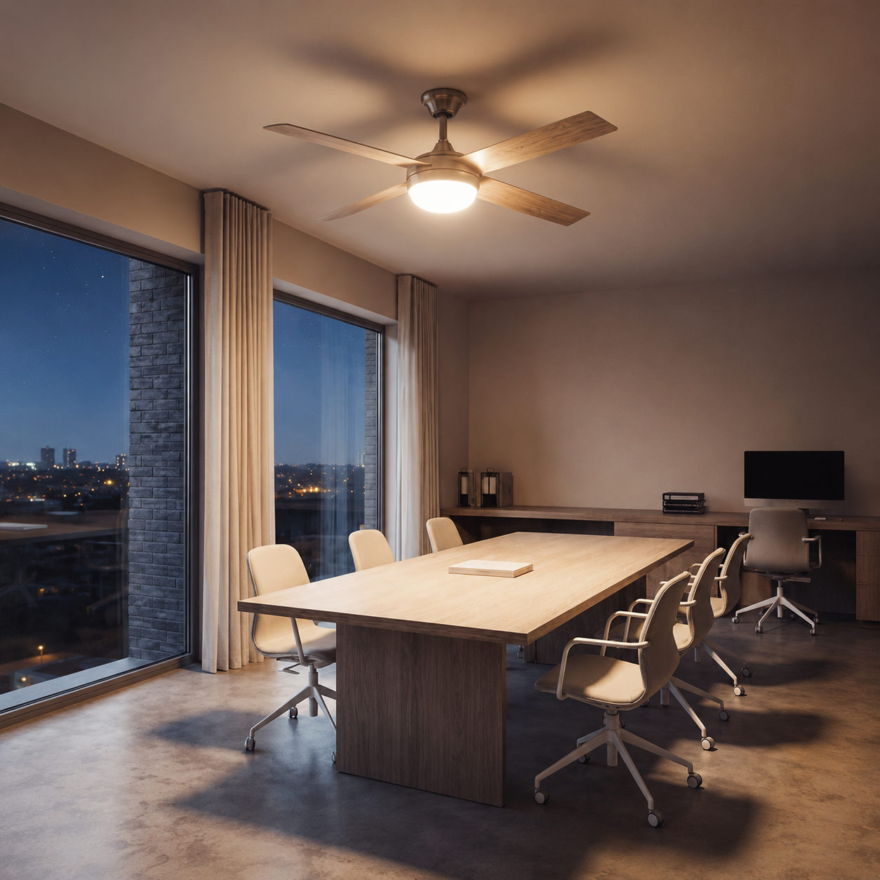 Una sala de conferencias de noche con mesa larga de madera, sillas y vista a la ciudad.