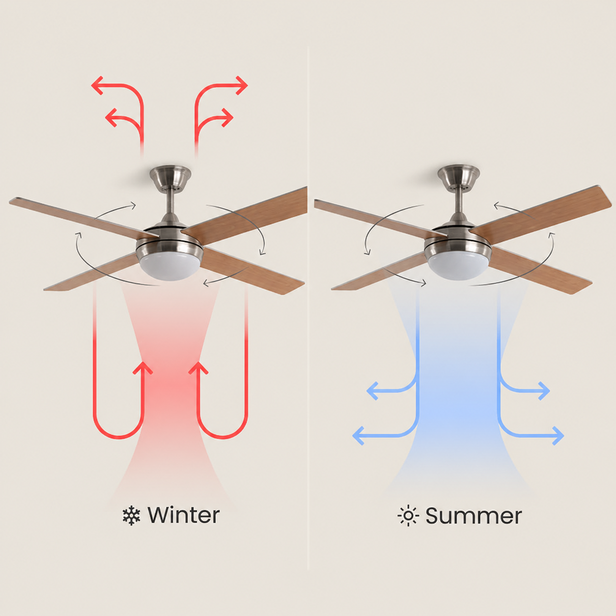 Ventilador de techo en modos invierno y verano, mostrando flujo de aire rojo y azul.