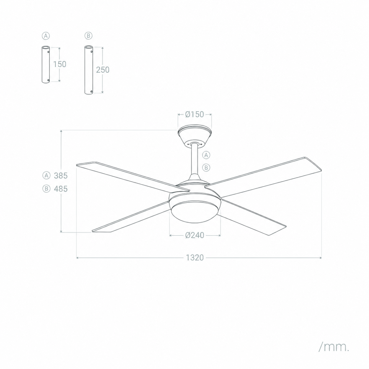 Dibujo técnico de ventilador de techo con dimensiones. Dos tubos, 150 y 250mm, a la izquierda.