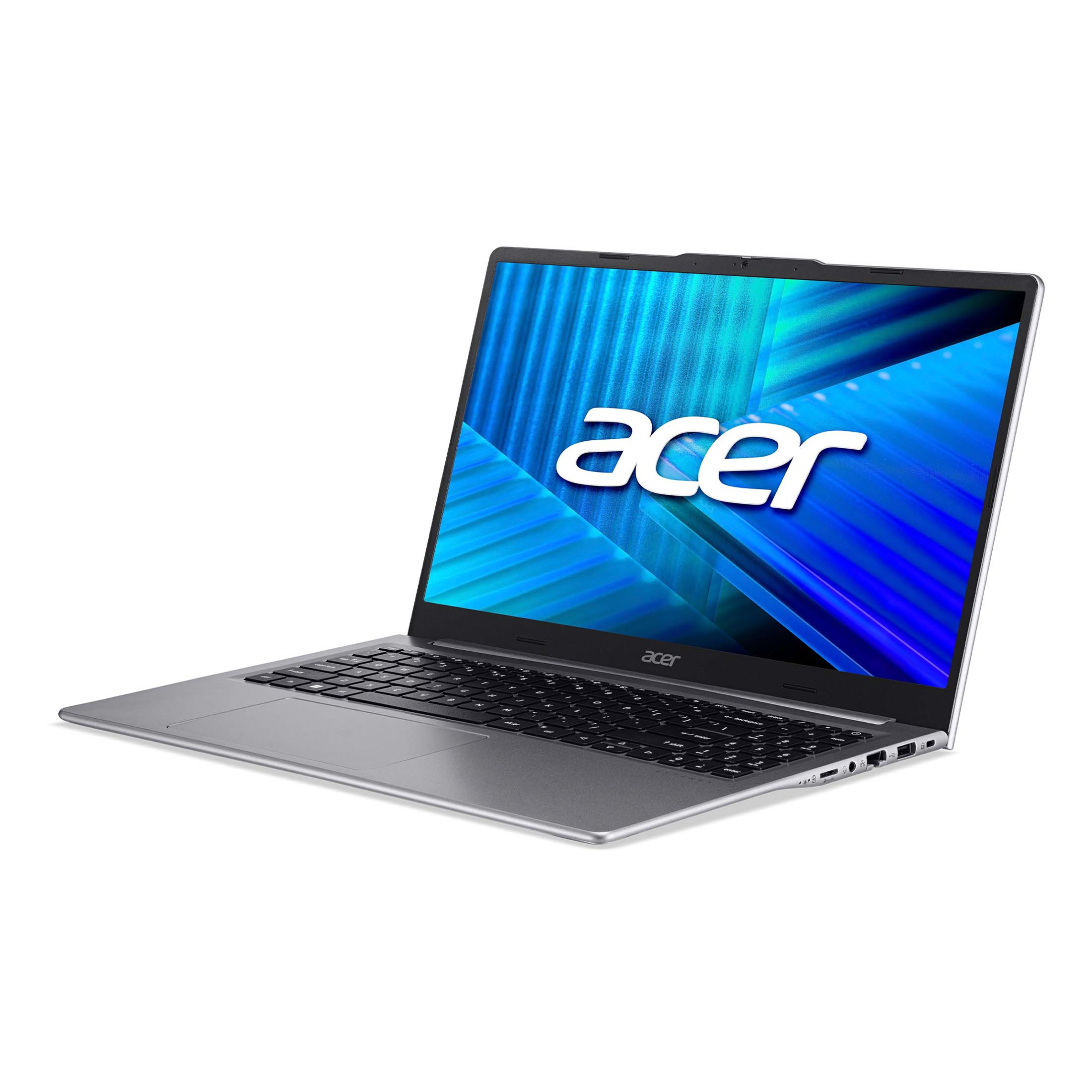 Ein geöffneter silberner Acer Laptop mit blauem Hintergrund auf dem Bildschirm.