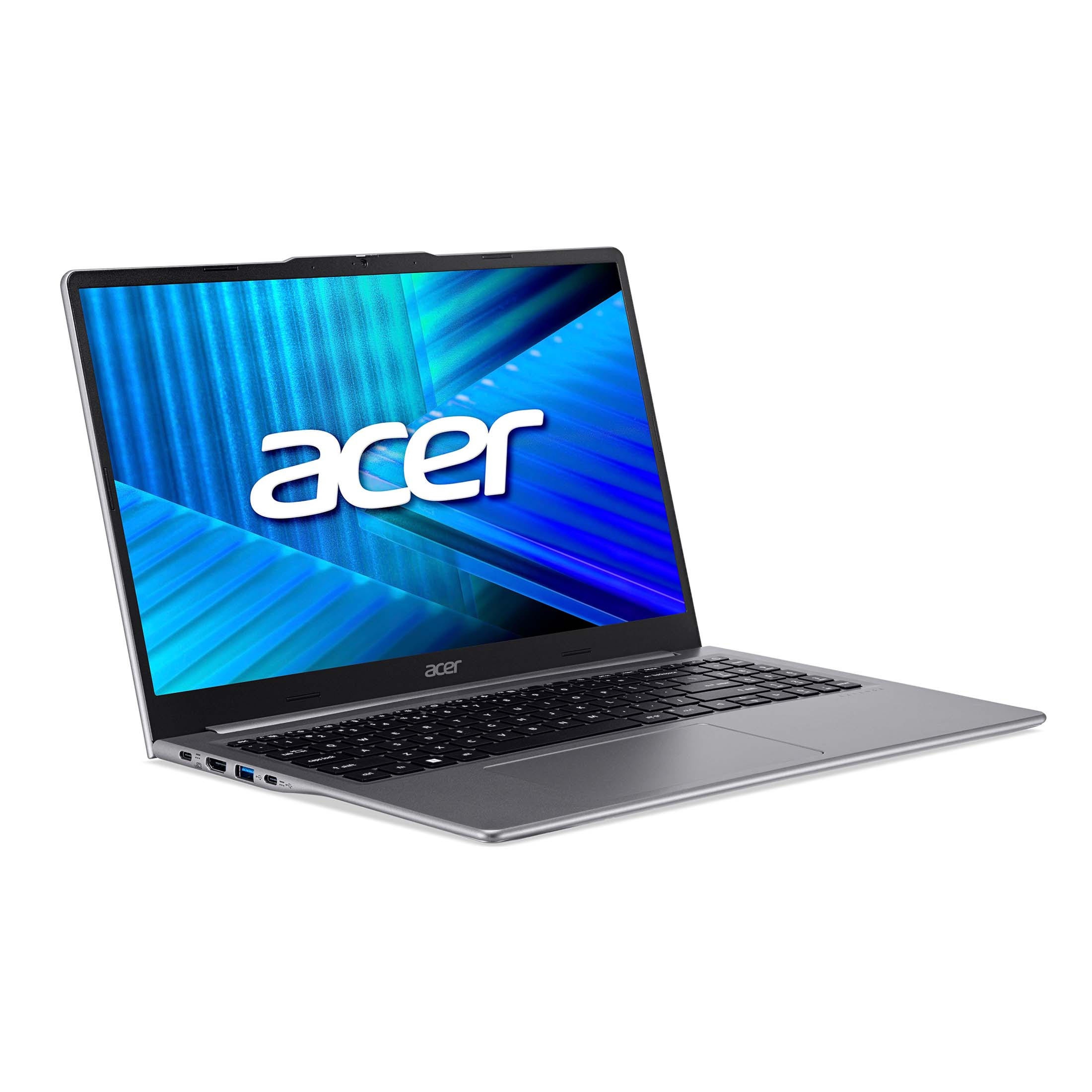 Ein offener silberner Acer Laptop mit blauem Hintergrund auf dem Bildschirm.