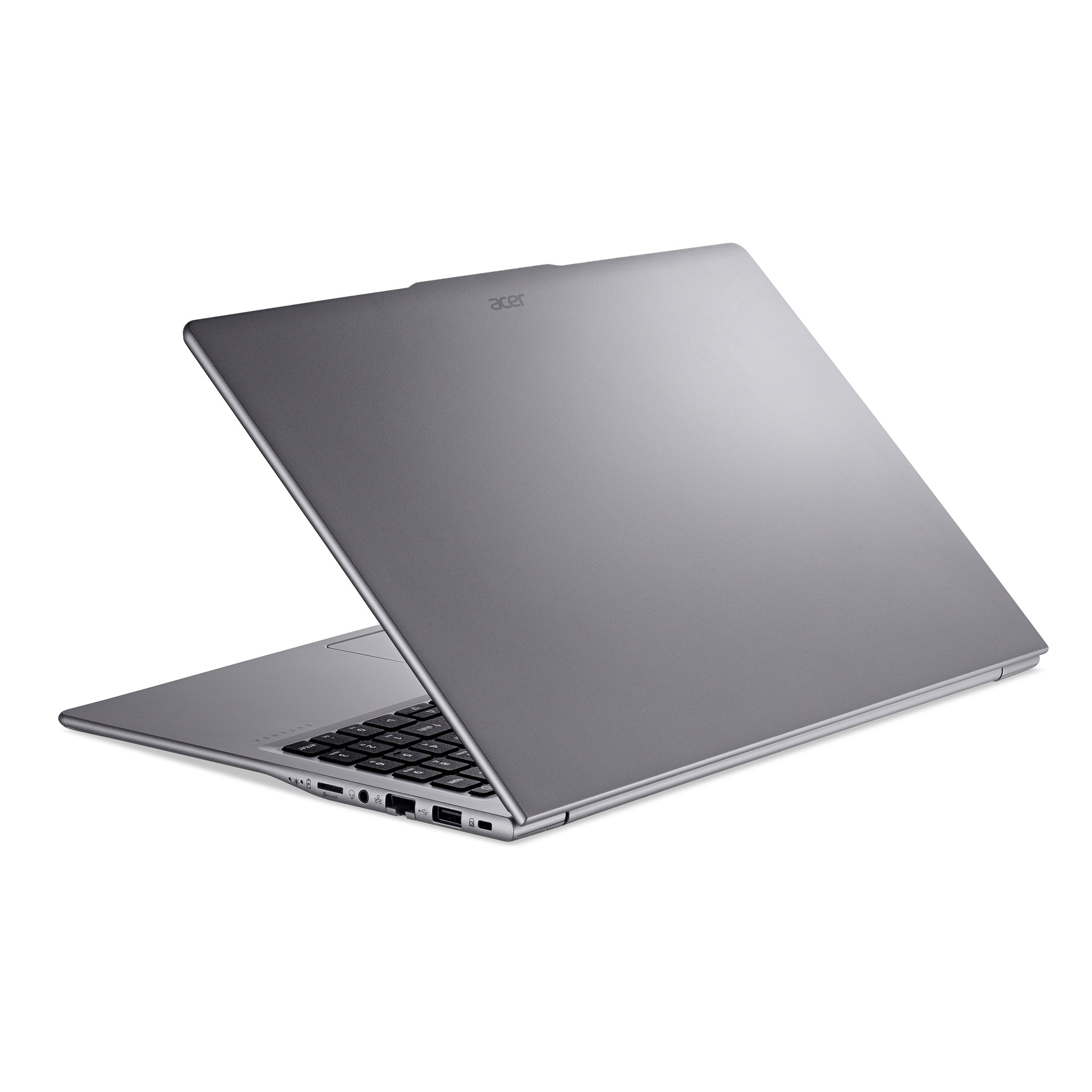 Grauer Acer Laptop mit geöffnetem Deckel und sichtbarer Tastatur.