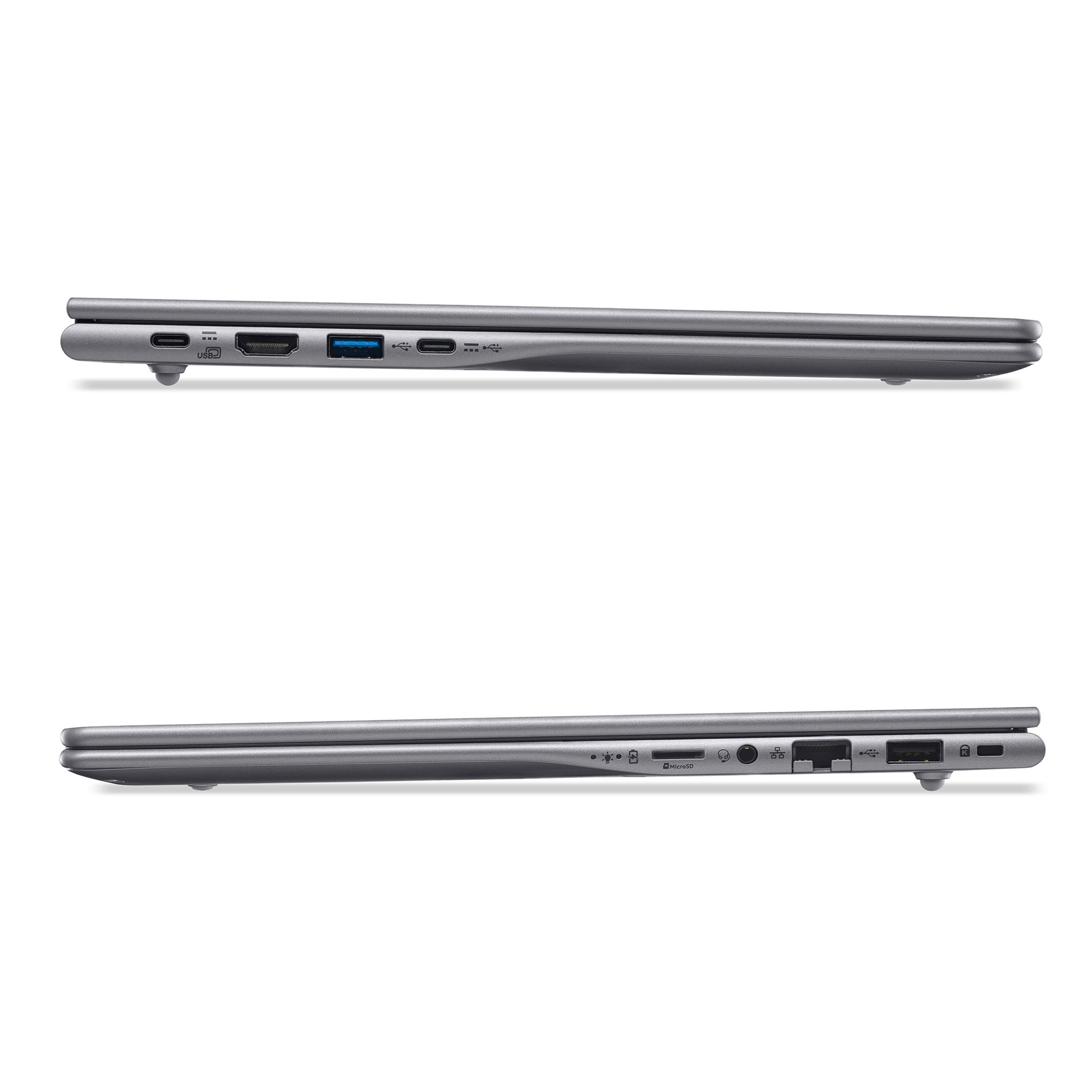 Graues Laptop mit Anschlüssen: USB-C, HDMI, USB-A, SD-Kartenleser.