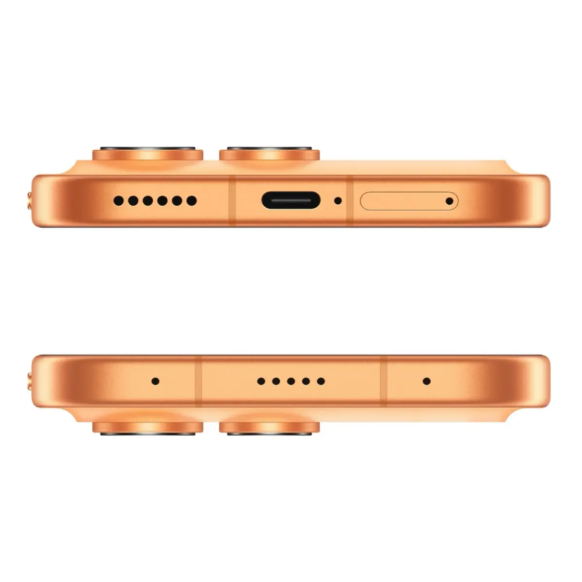 Ober- und Unterseite eines goldenen Smartphones mit Ladeanschluss und Kameras.