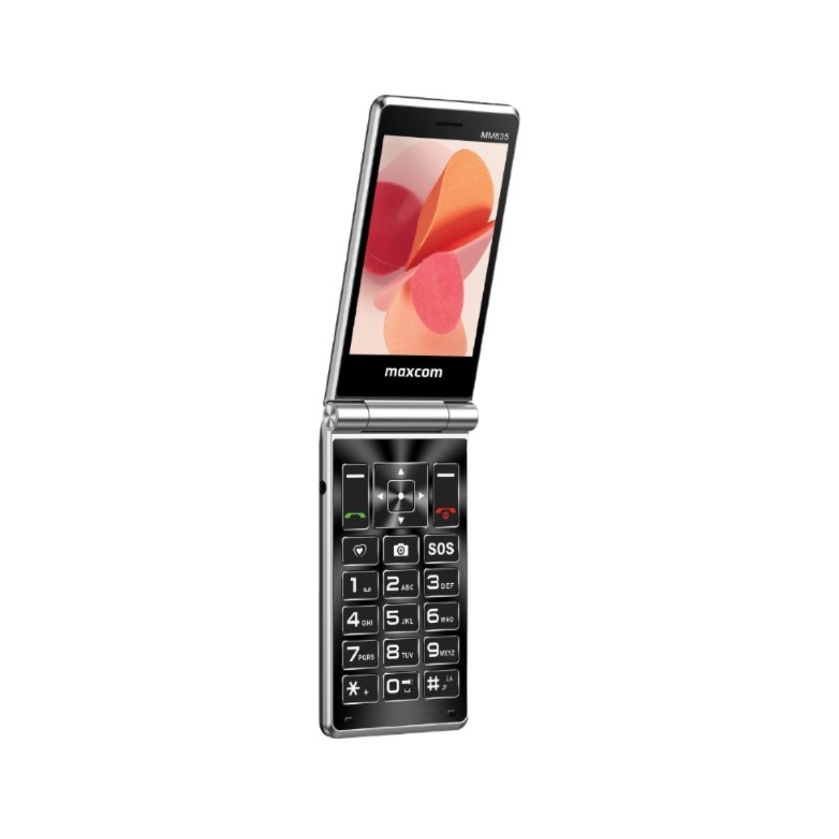 Srebrny telefon Maxcom MM835 typu flip, otwarty, wyświetla kolorowe abstrakcyjne kształty na ekranie.