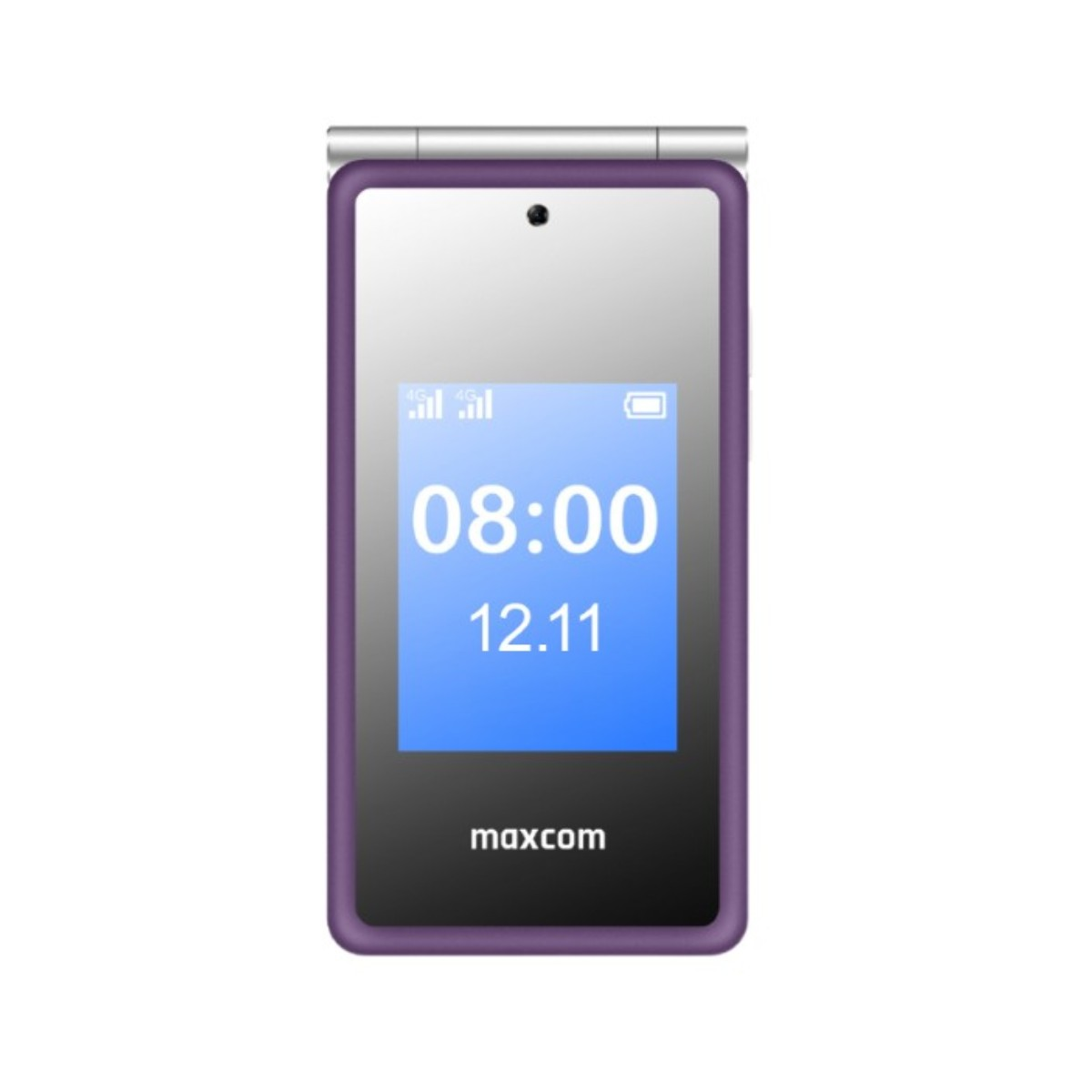 Fioletowy telefon klapkowy wyświetlający sygnały 4G, godzinę 08:00 i datę 12.11.