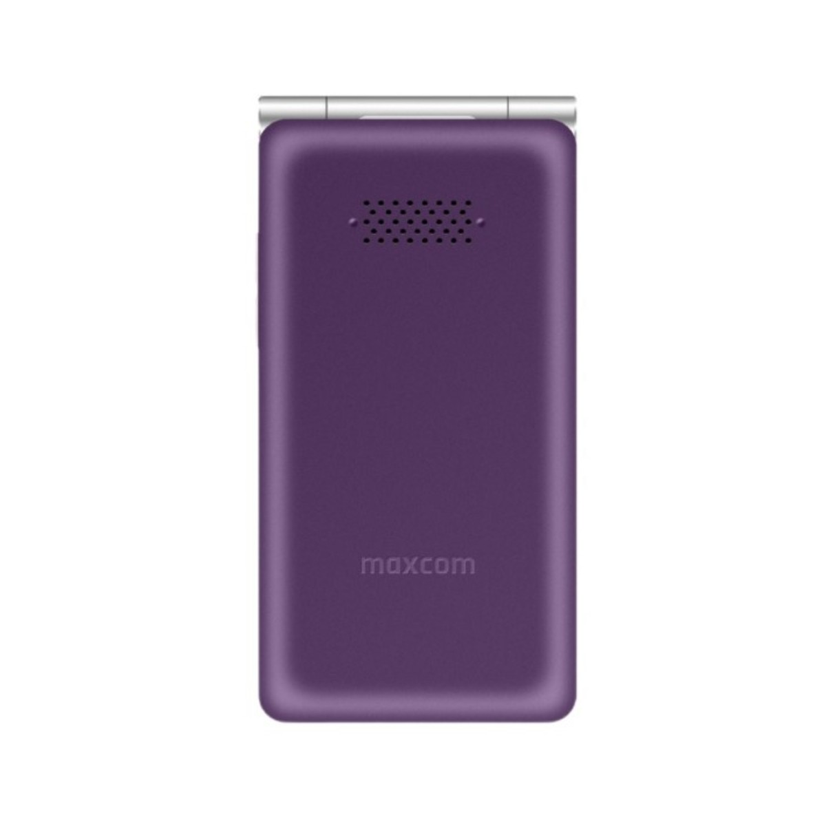 Fioletowy telefon Maxcom z klapką, widok z tyłu z siatką głośnika i logo.
