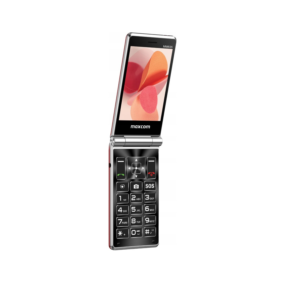 Czerwony telefon z klapką, otwarty, ekran z abstrakcyjną sztuką i klawiaturą.