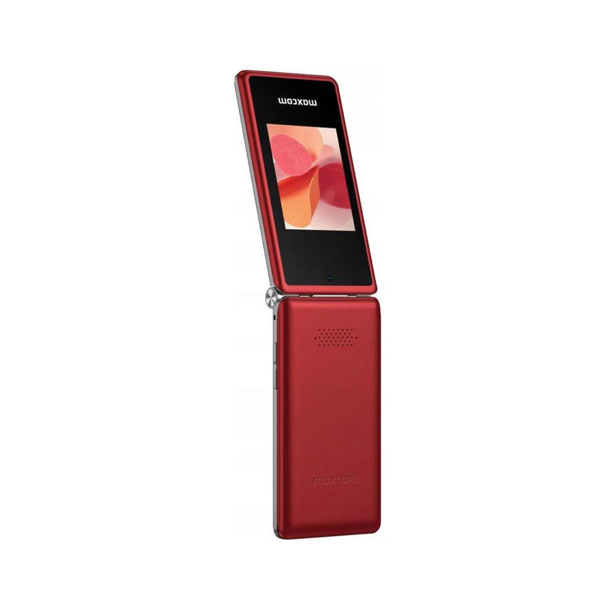 Otwarty czerwony telefon Maxcom z kolorowym obrazem na ekranie.