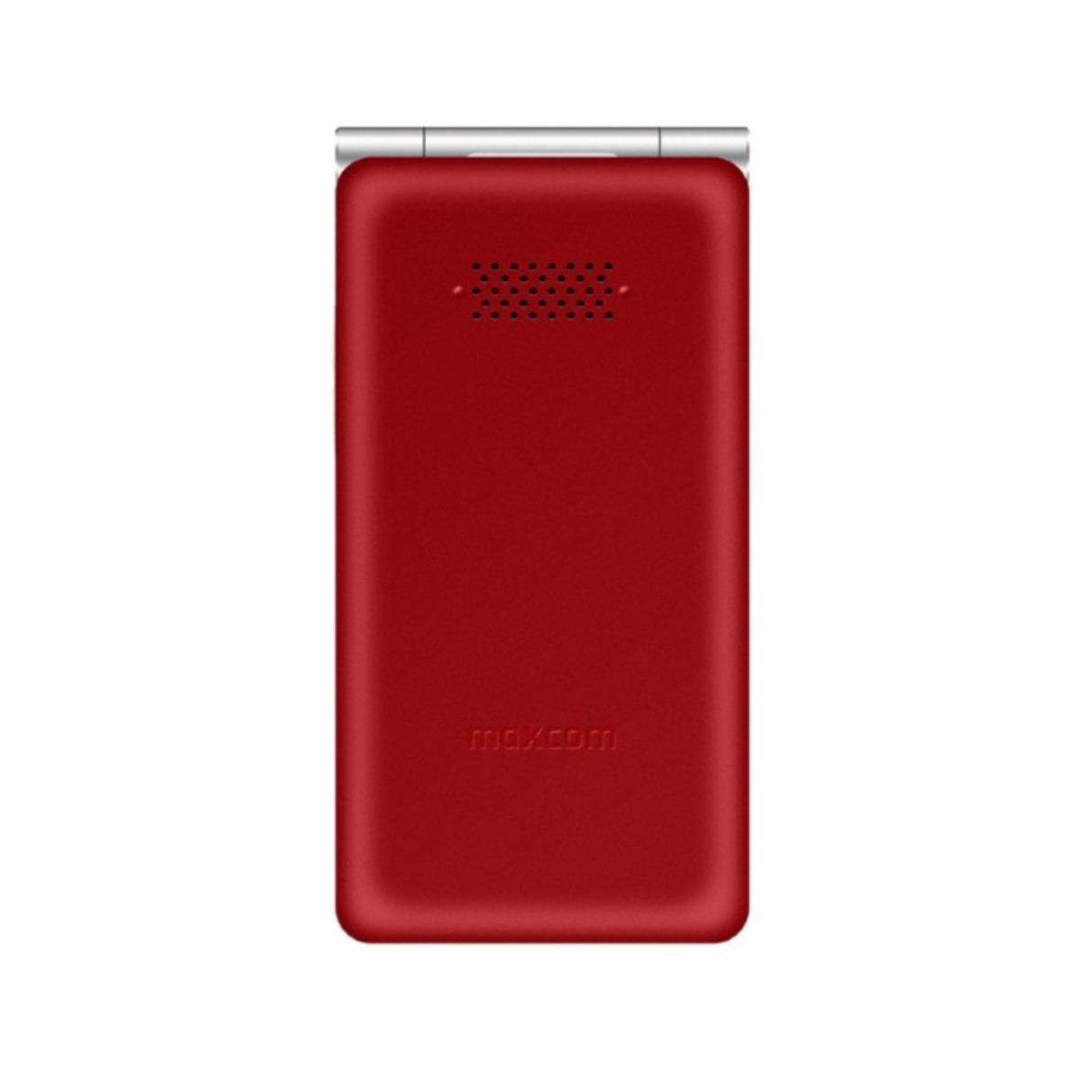 Czerwony telefon klapkowy z srebrnym zawiasem i logo Maxcom.