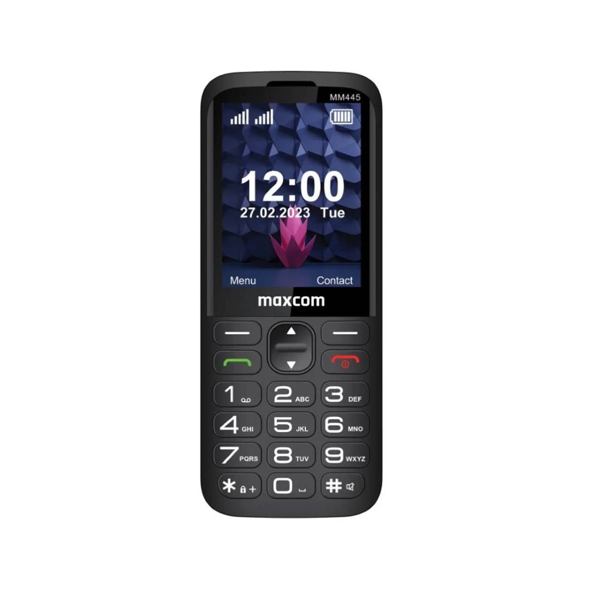 Czarny telefon komórkowy Maxcom MM445 wyświetla godzinę 12:00 i datę 27.02.2023.