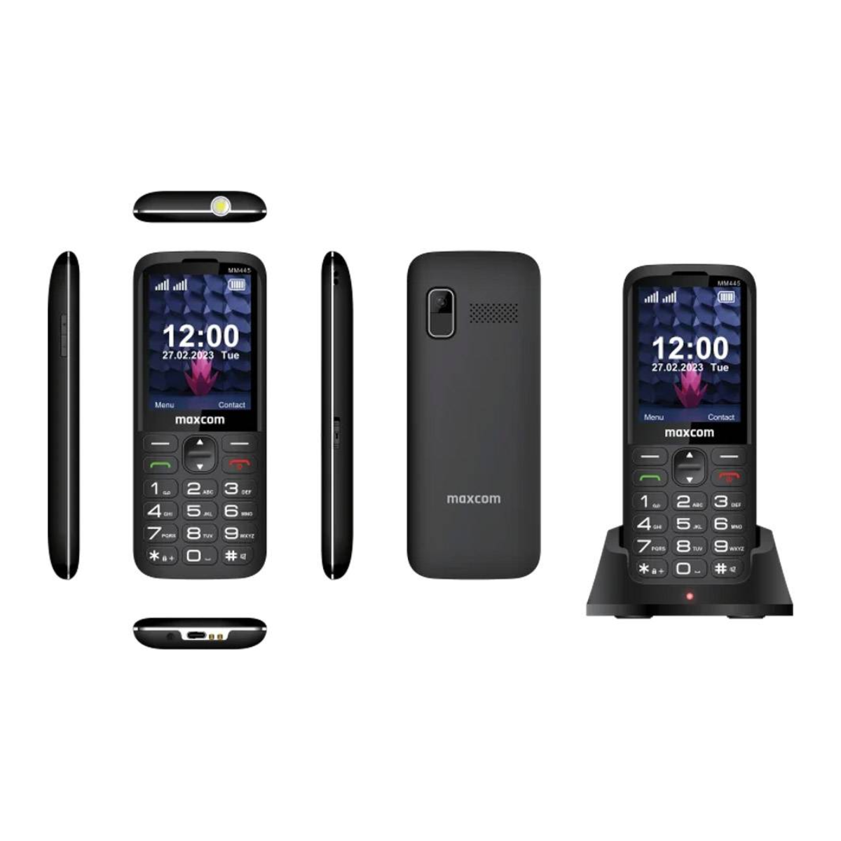 Wiele widoków czarnego telefonu Maxcom MM445, jeden w stacji ładującej.