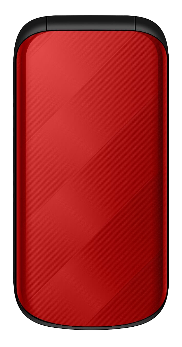 Czerwony telefon komórkowy z czarną ramką i prążkowaną powierzchnią.