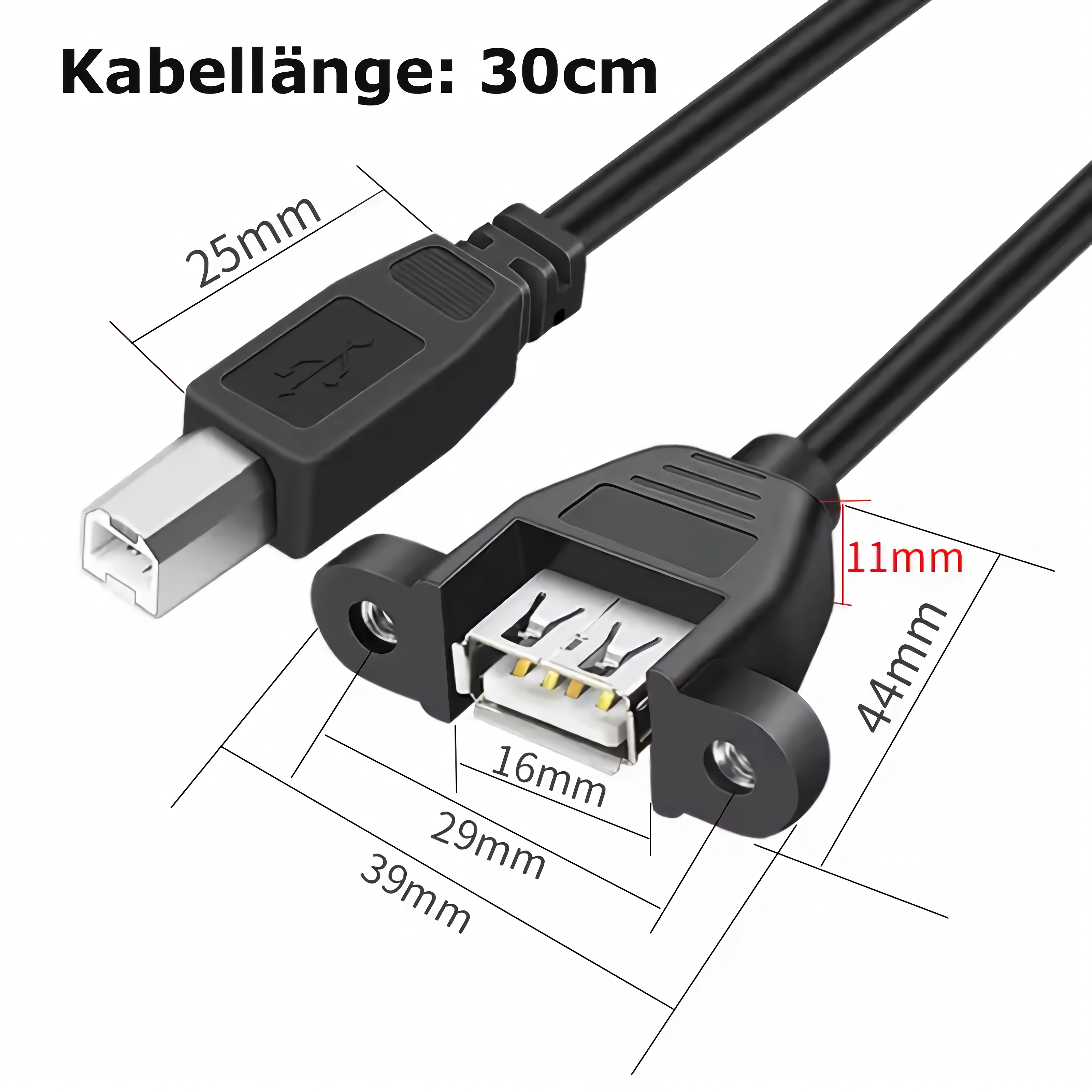 Ein schwarzes USB-Kabel mit B-Stecker und einer Buchse für den Einbau.