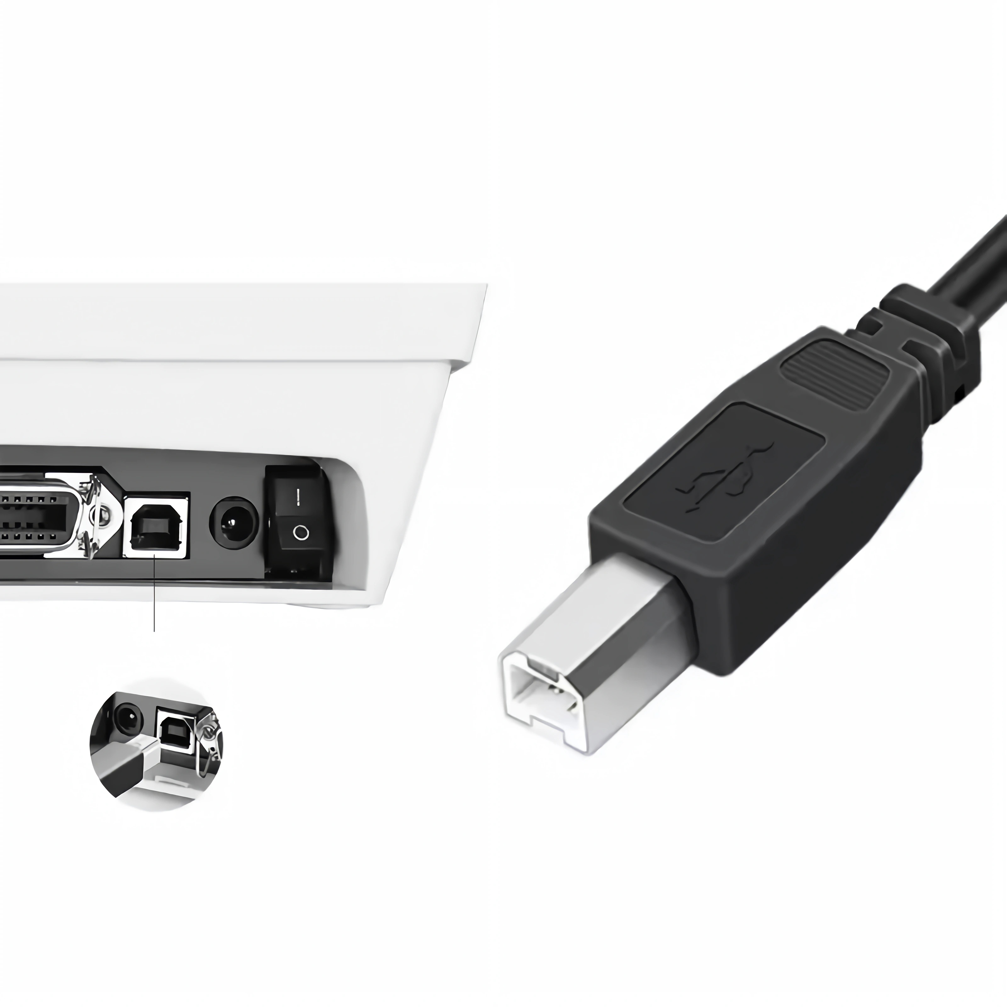 Nahaufnahme von USB-Anschluss und Kabel eines Druckers.