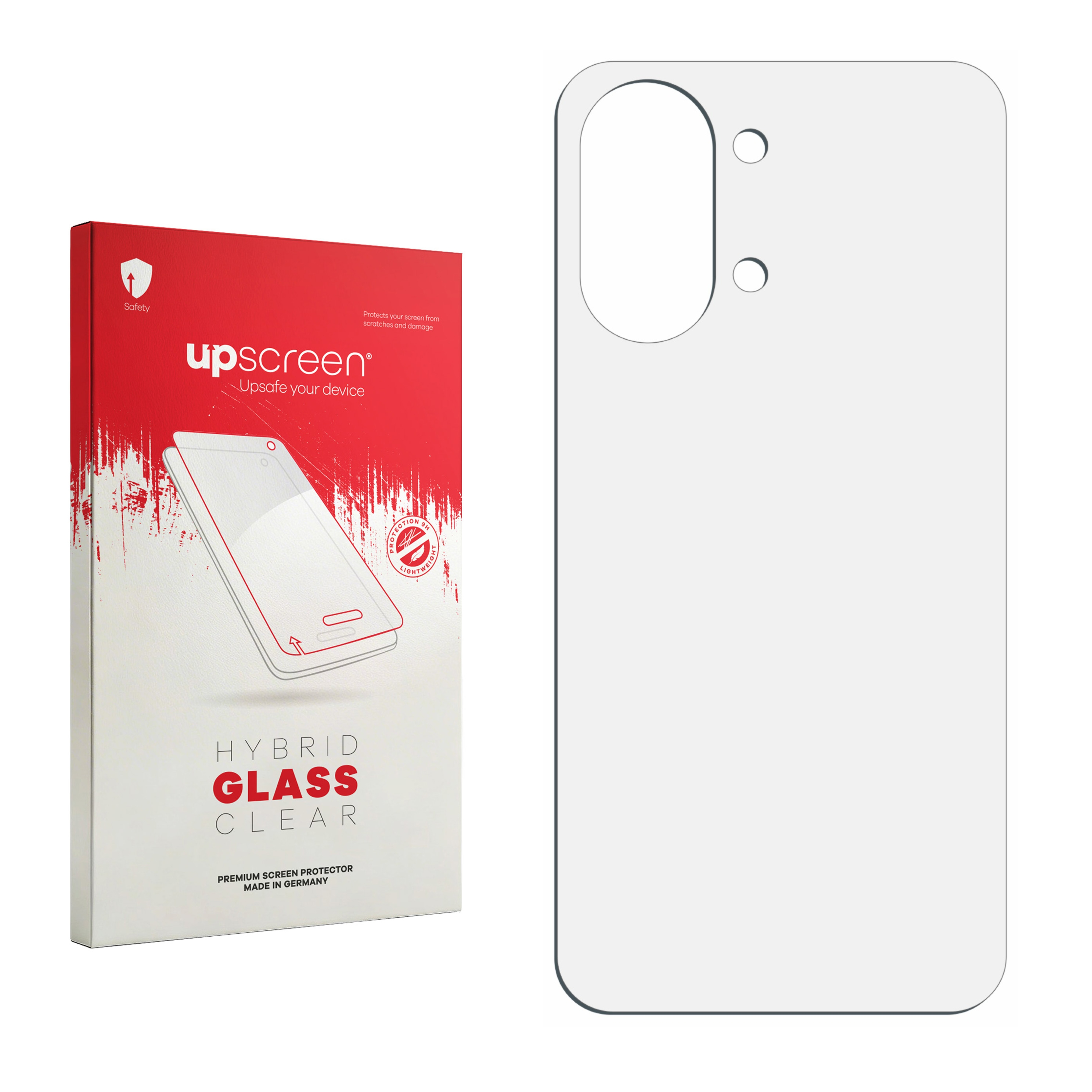Rote Verpackung für einen Displayschutz aus Hybridglas, daneben ein Displayschutz.