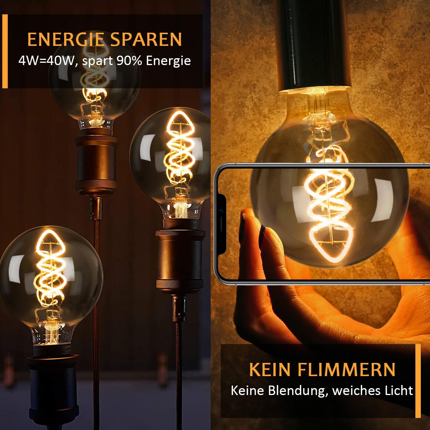 Glühbirne mit sichtbarem Glühfaden, Energiesparen & kein Flimmern.