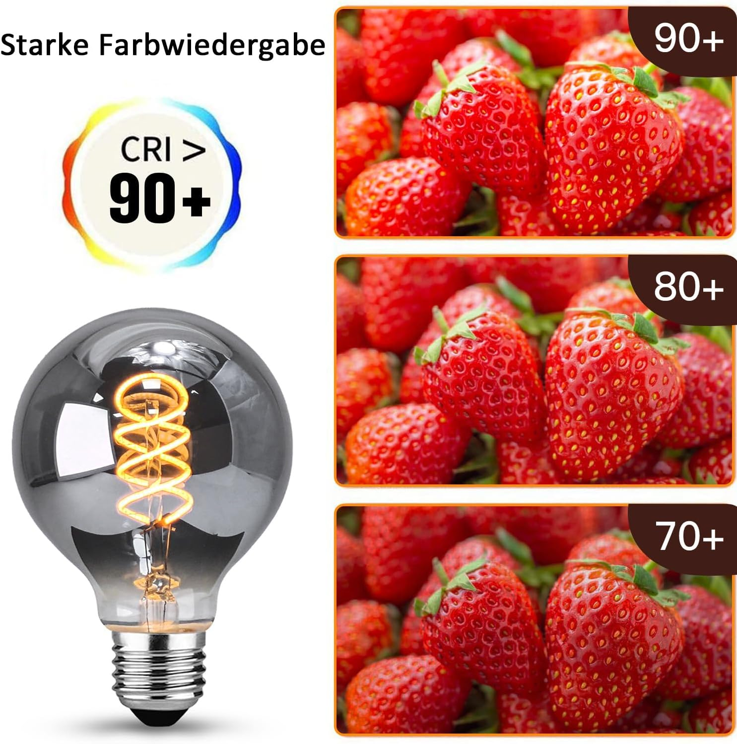 Glühbirne mit Edison-Spirale und Erdbeeren mit CRI-Werten 90+, 80+, 70+.
