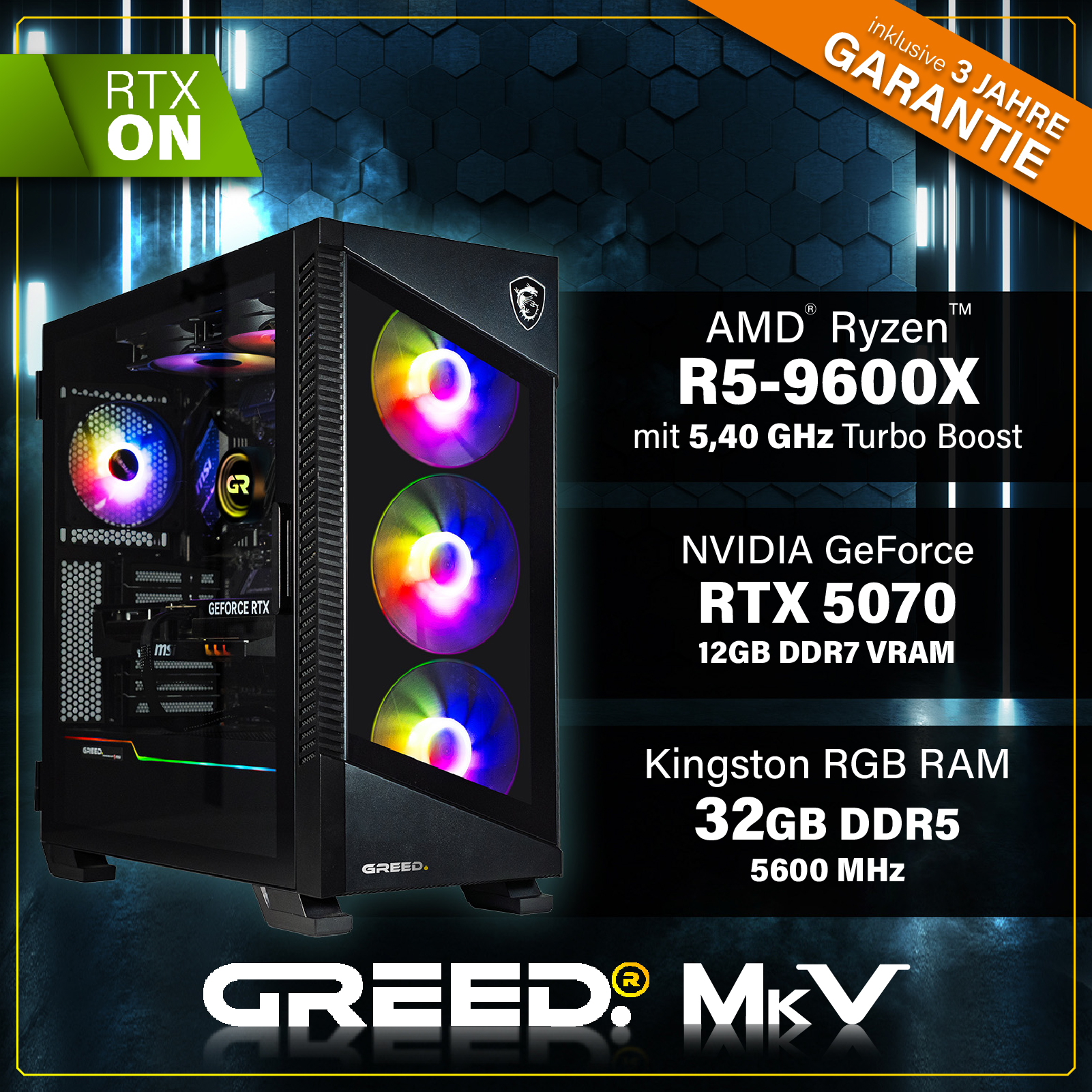 Ein PC-Gehäuse mit RGB-Lüftern und AMD Ryzen CPU.