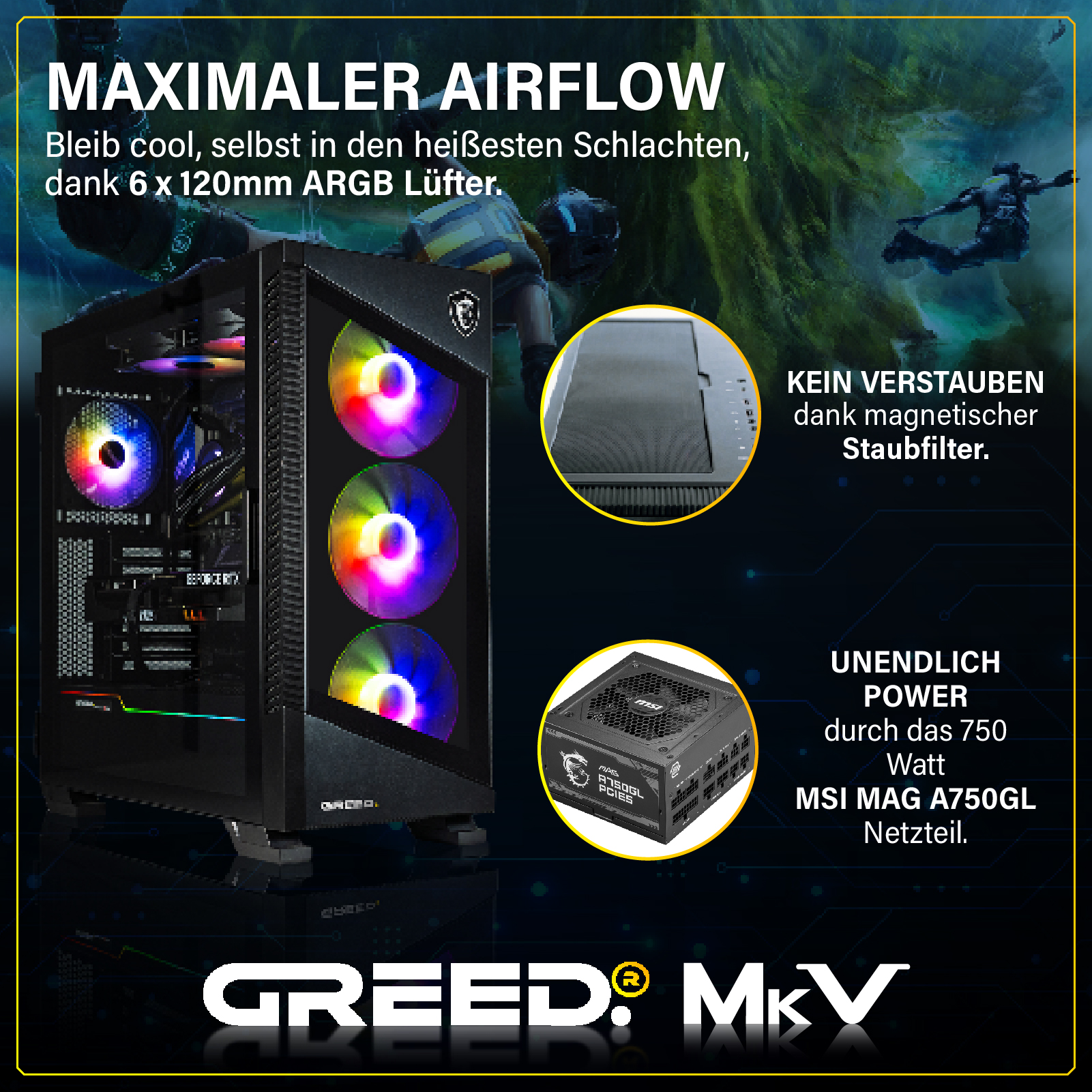 MSI-PC-Gehäuse mit 6 ARGB-Lüftern, magnetischem Staubfilter und 750W Netzteil.