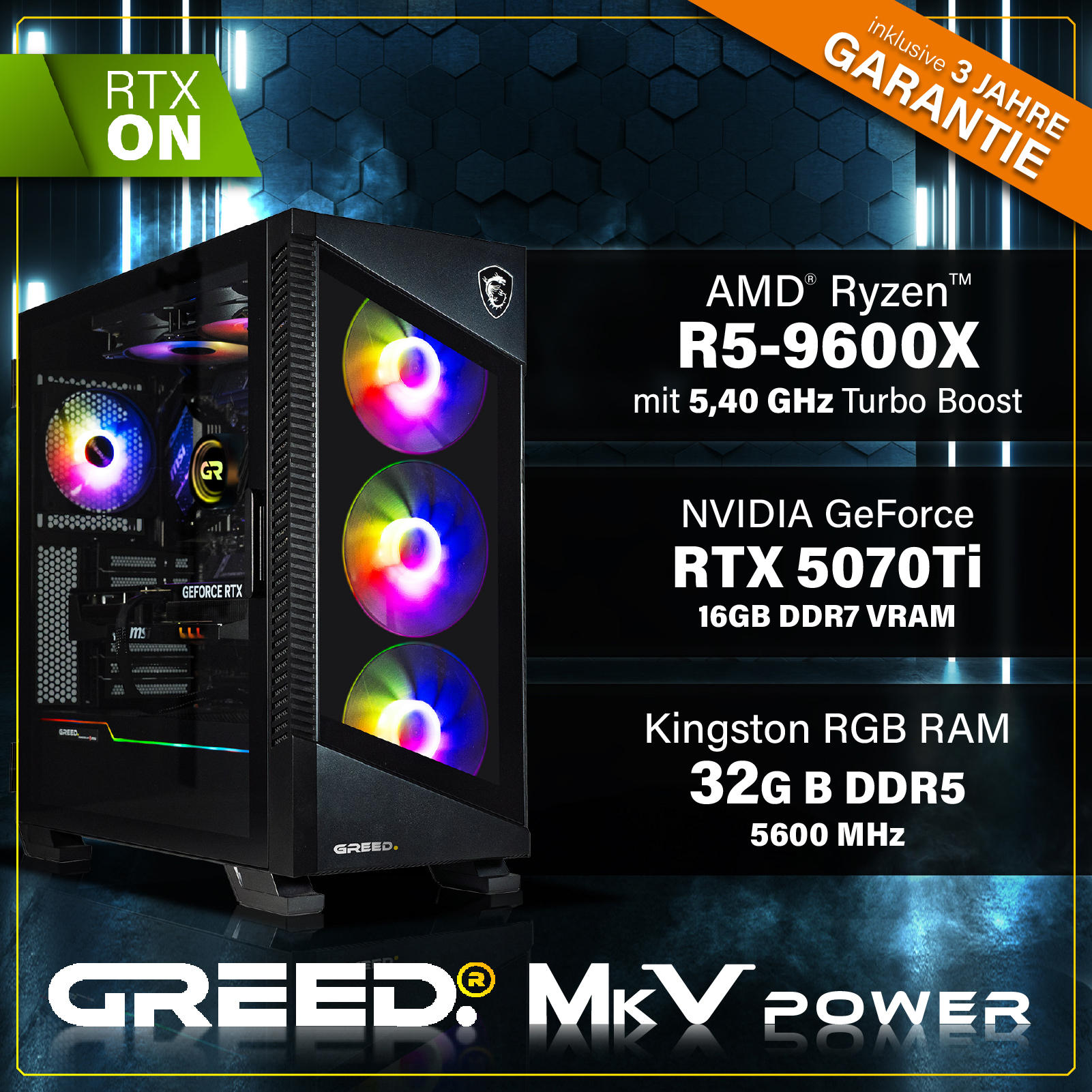 Ein schwarzer Gaming-PC mit RGB-Lüftern, AMD Ryzen R5-9600X, RTX 5070Ti, 32GB RAM.