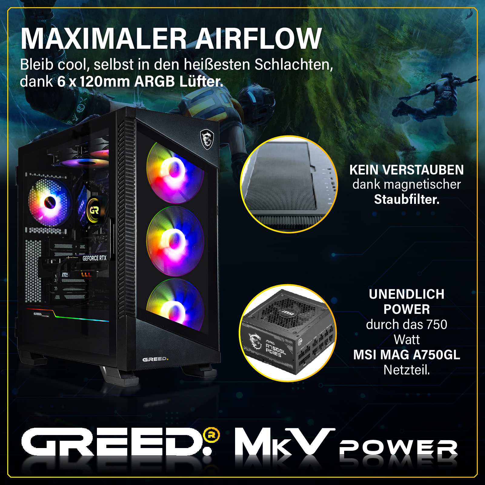 Gaming PC mit ARGB Lüftern, magnetischem Staubfilter und 750W Netzteil.