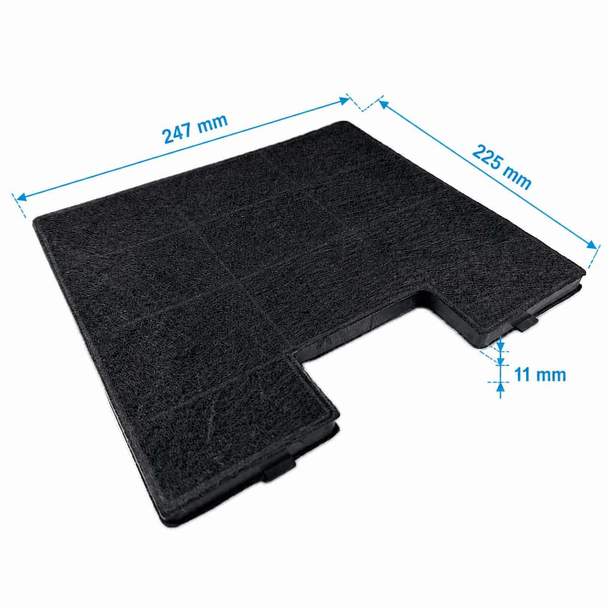 Schwarzer Aktivkohlefilter mit Maßen 247x225x11mm.