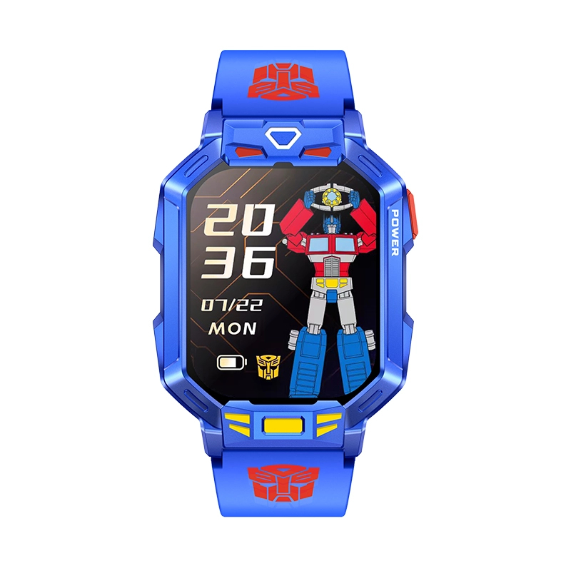 Niebieski smartwatch z Optimusem Prime i godziną 20:36.