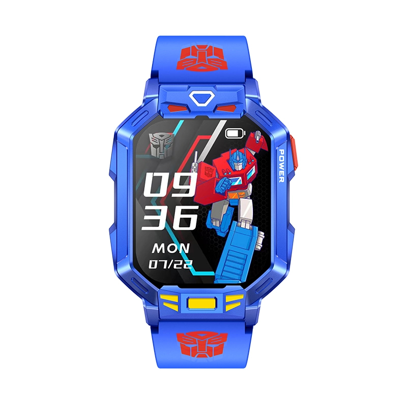 Niebieski smartwatch z motywem Transformers. Pokazuje godzinę 09:36, Pon 07/22.