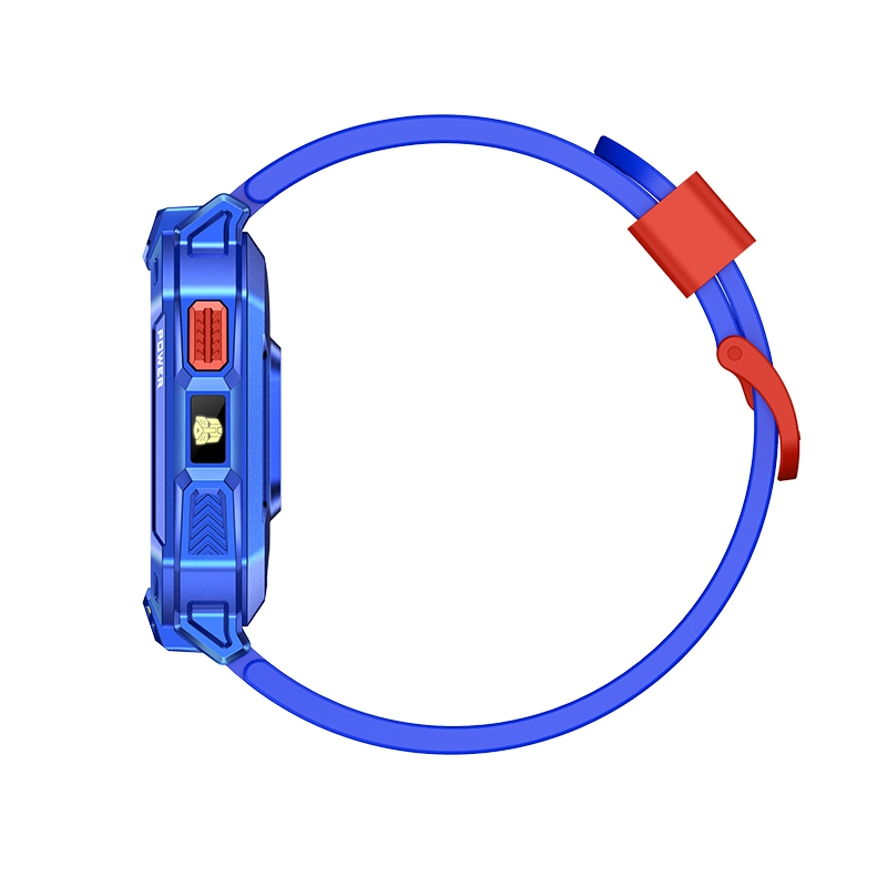 Niebieski smartwatch z czerwonym zapięciem i żółtym symbolem na tarczy.