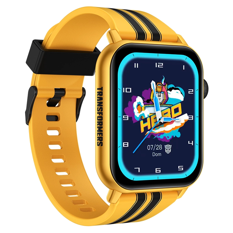 Żółty smartwatch z motywem Transformers i czarnymi paskami na pasku.