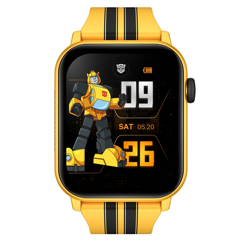 Żółty smartwatch z wyświetlaczem Bumblebee, czarną koroną i paskiem w paski.
