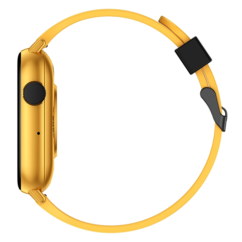 Złoty smartwatch z żółtym paskiem i czarnym zapięciem na białym tle.
