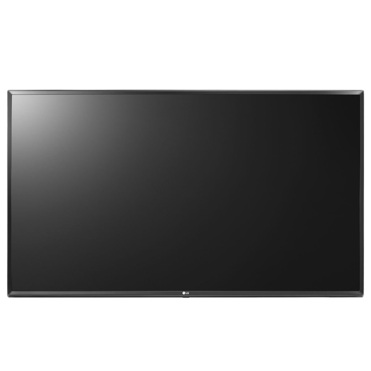 Un grande schermo TV LG nero con cornice sottile è visualizzato su sfondo bianco.