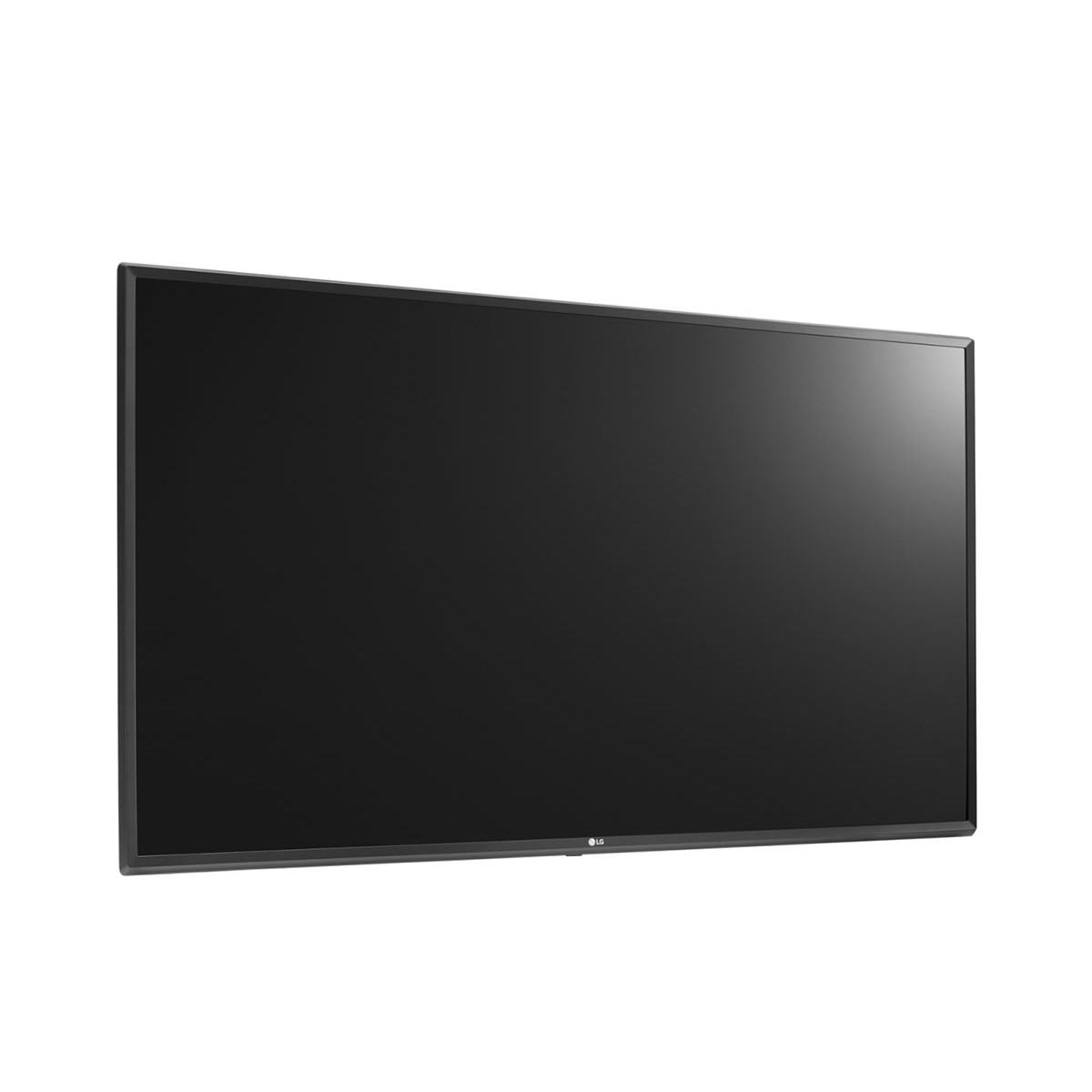 Un grande schermo LG nero è visualizzato su sfondo bianco.