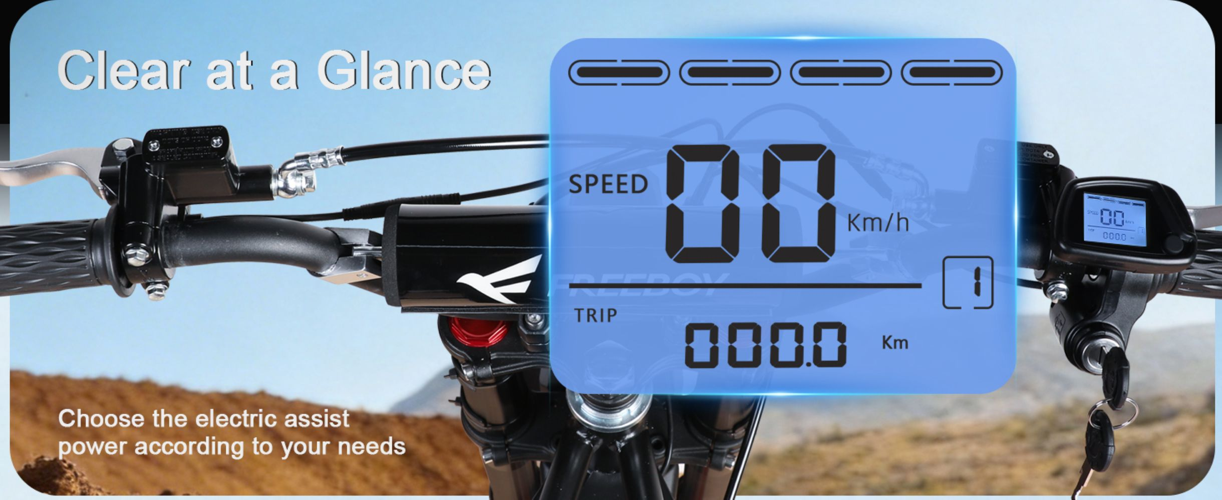 Manubrio con display digitale che mostra velocità e distanza percorsa.
