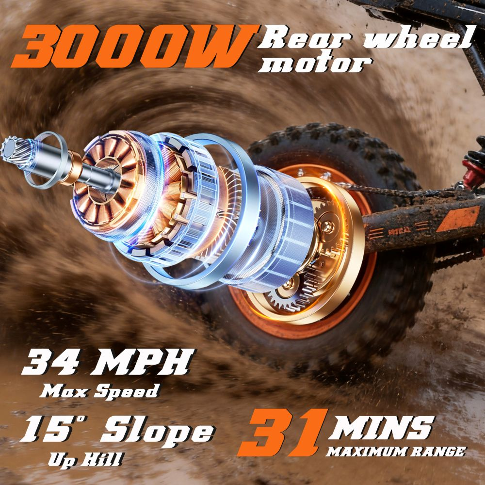 Motore posteriore 3000W, 34 MPH vel. max, pendenza 15°, 31 min autonomia.