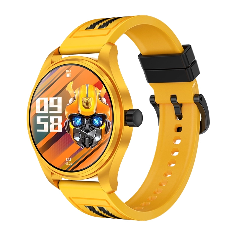 Żółty smartwatch z twarzą Bumblebee na tarczy i czarnymi paskami.