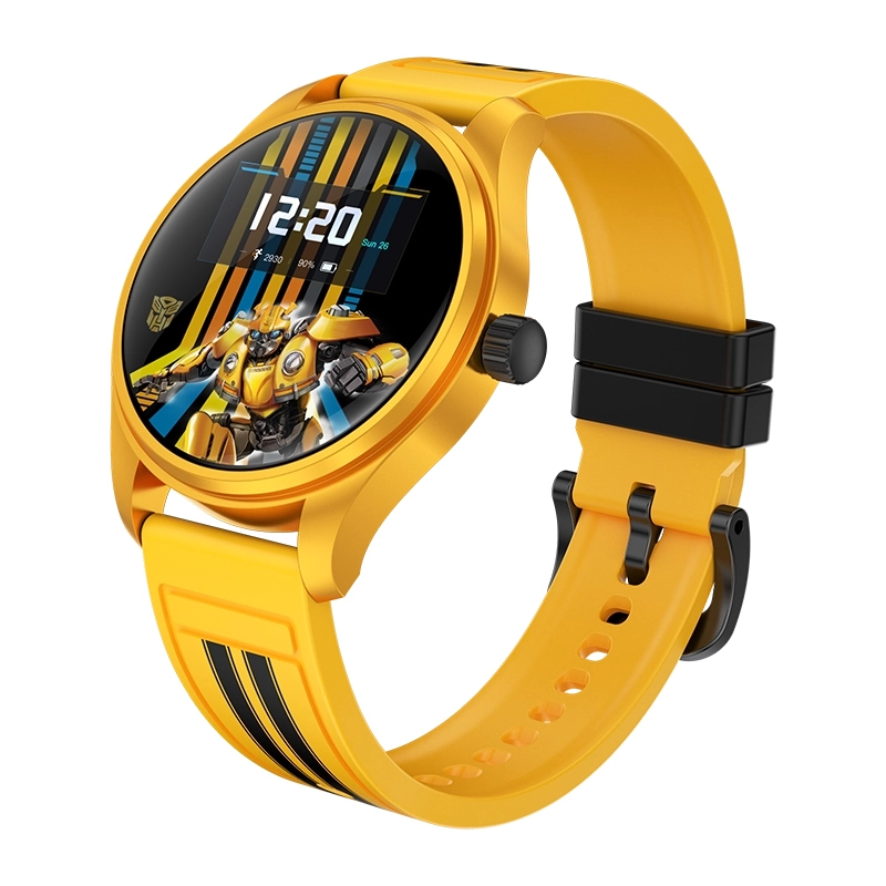 Żółty smartwatch z postacią Bumblebee na wyświetlaczu.