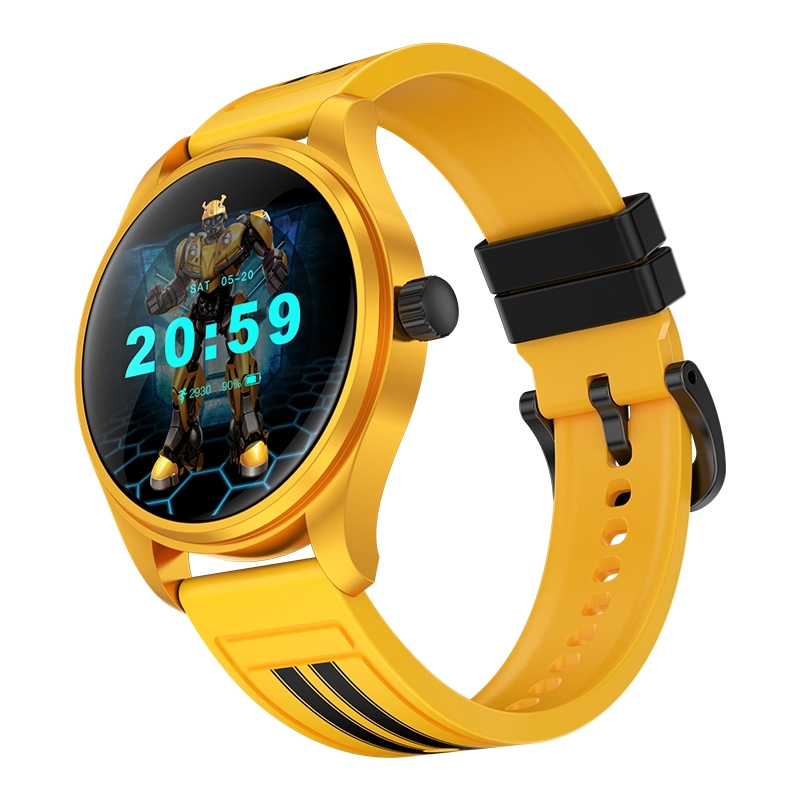 Żółty smartwatch z wyświetlaczem głowy robota i czarnym paskiem.