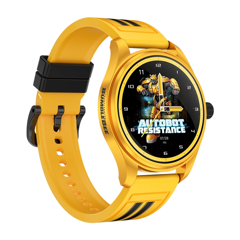 Żółty smartwatch z motywem Bumblebee i czarnym paskiem.