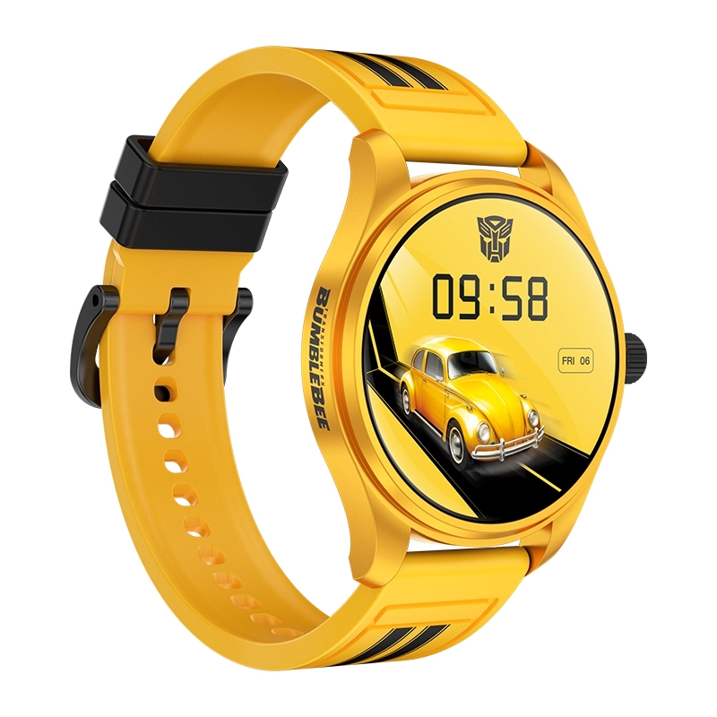 Żółty smartwatch z motywem Bumblebee, pokazujący żółtego VW Garbusa i godzinę 09:58.