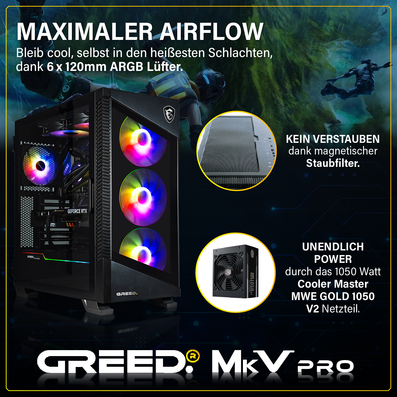 Ein PC-Gehäuse mit ARGB-Lüftern, Netzteil und Staubfilter.
