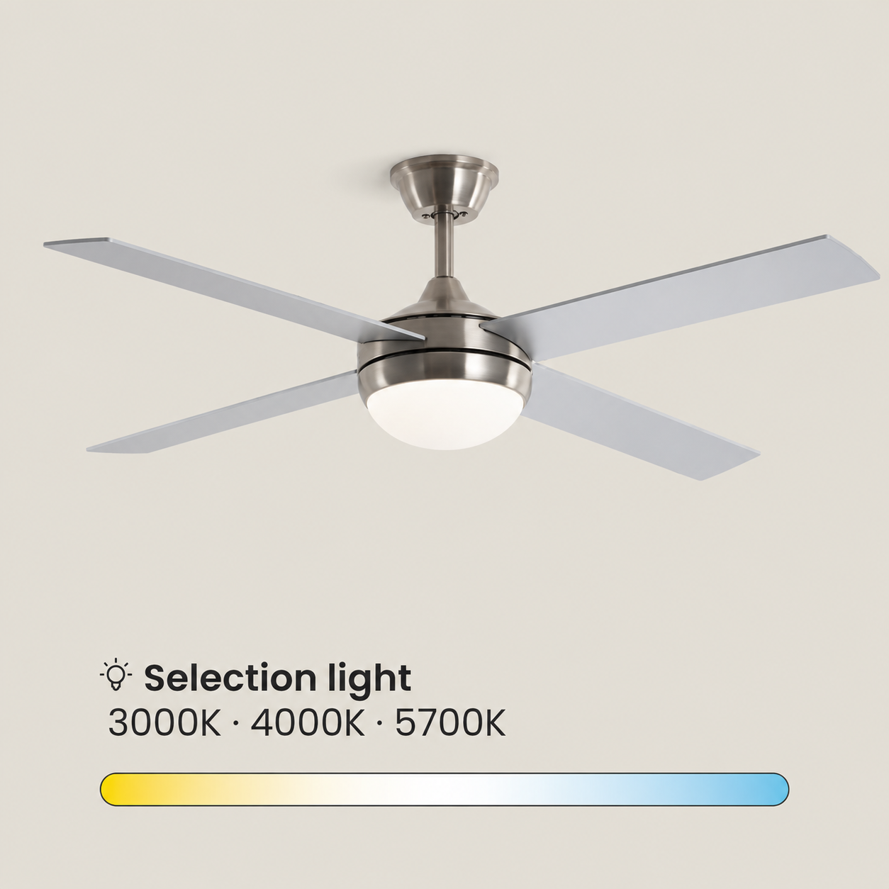 Ventilador de techo con luz y cuatro aspas gris claro.