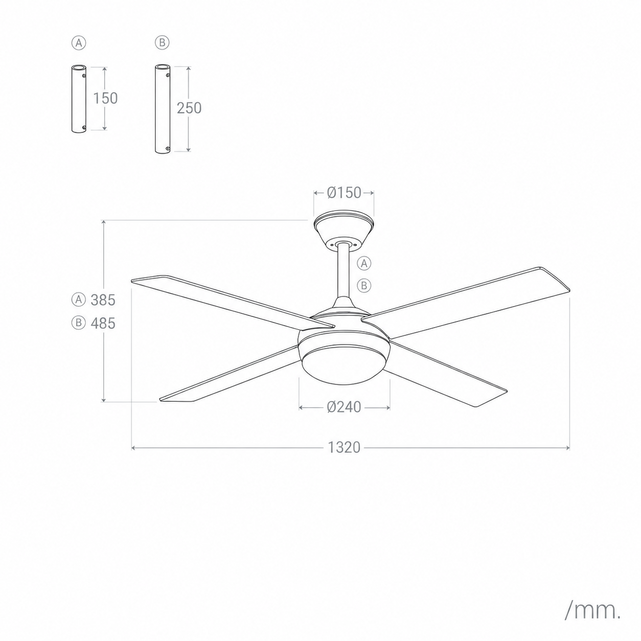 Dibujo técnico de un ventilador de techo con dimensiones. Incluye dos varillas A (150 mm) y B (250 mm).