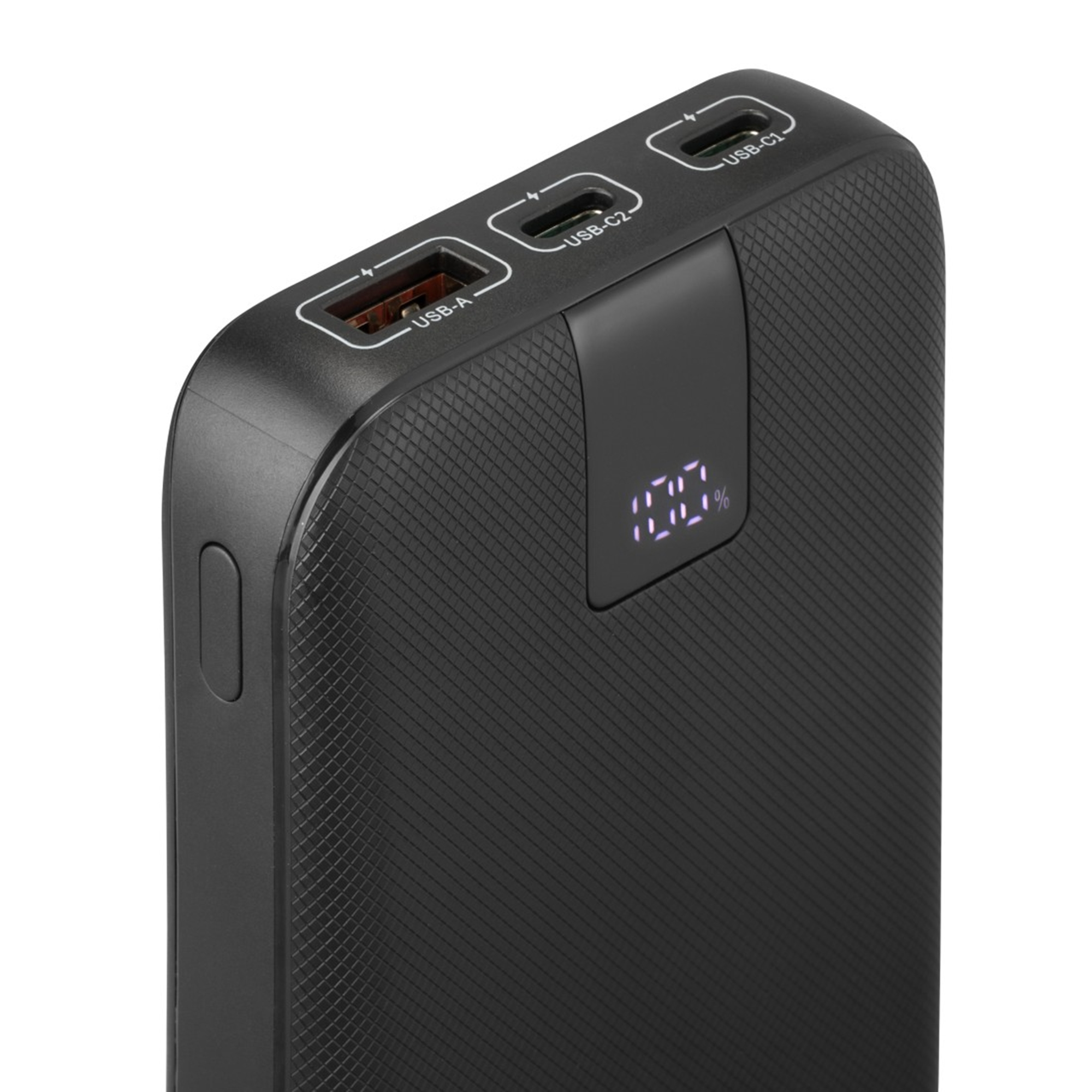 Power bank nera con porte USB-A, 2x USB-C e indicatore di carica 100%.